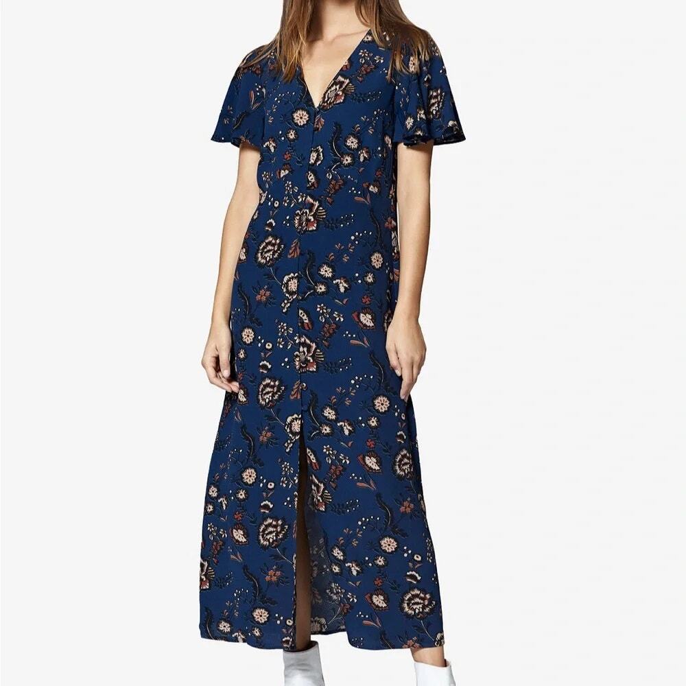 Sanctuary Floral Maxi Dress Navy Button Front Flutter Sleeve V Neck Womens S